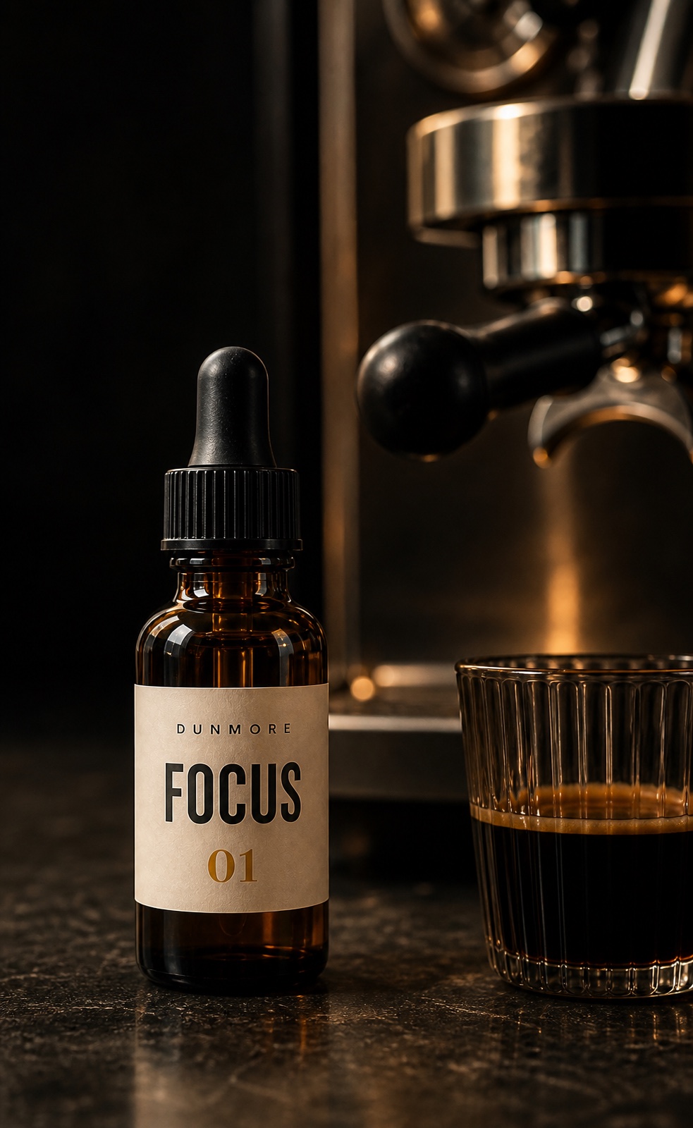 DUNMORE Focus 01 Pocket Dose dropper bottle beside espresso